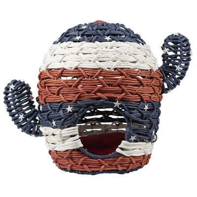 Nuova cuccia per gatti/animali domestici- intrecciata a mano in corda di carta rossa bianca e blu con cactus